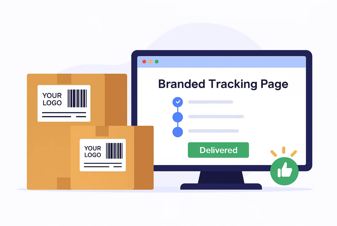 Illustration of a shipping label printed with a seller's own logo and details on a parcel